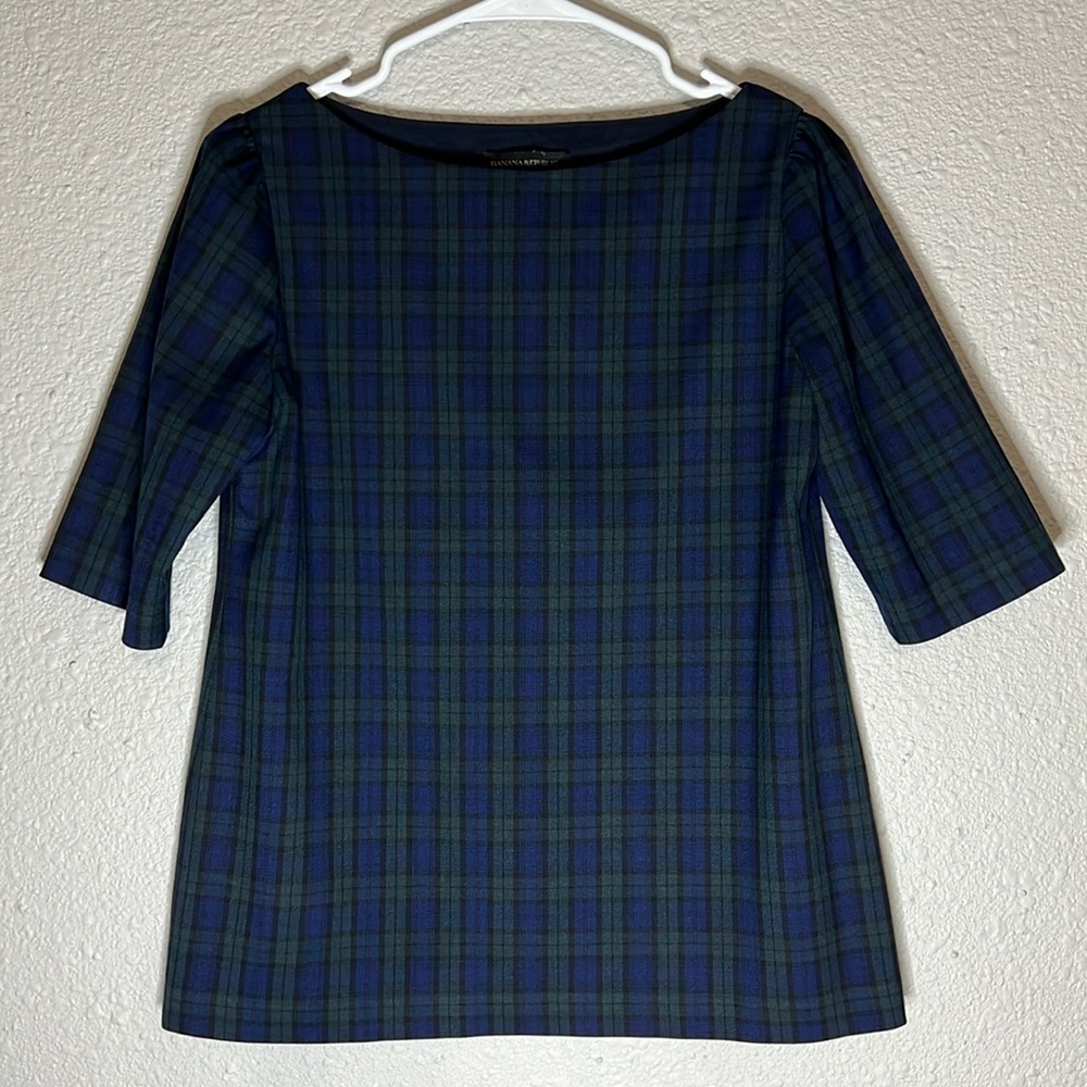 Banana Republic Short Sleeve Plaid Lurex Navy Wool Blend Top Blouse Sz XS